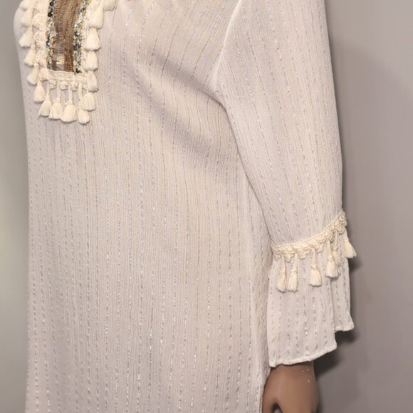 CIAO MILANO Boho Tassel Tunic Shift Dress Flare Sleeve Tassel Metallic Sequin - Picture 7 of 16